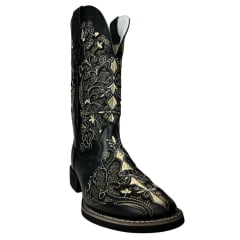 Bota Texana Feminina Big Bull Boots Couro Fóssil Preto B. Quadrado C/ Bordado Bege C/ Fundo Dourado Brilho Ref:909-LI96