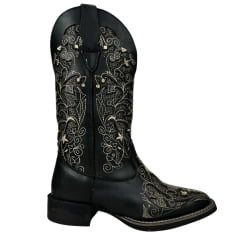 Bota Texana Feminina Big Bull Boots Couro Fóssil Preto B. Quadrado C/ Bordado Bege C/ Fundo Dourado Brilho Ref:909-LI96