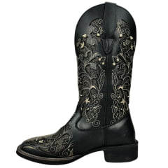 Bota Texana Feminina Big Bull Boots Couro Fóssil Preto B. Quadrado C/ Bordado Bege C/ Fundo Dourado Brilho Ref:909-LI96