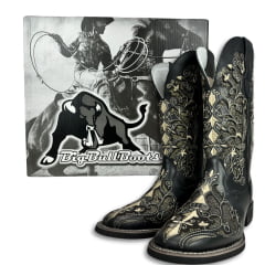 Bota Texana Feminina Big Bull Boots Couro Fóssil Preto B. Quadrado C/ Bordado Bege C/ Fundo Dourado Brilho Ref:909-LI96