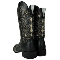 Bota Texana Feminina Big Bull Boots Couro Fóssil Preto B. Quadrado C/ Bordado Bege C/ Fundo Dourado Brilho Ref:909-LI96