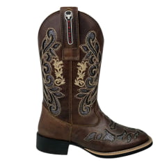 Bota Texana Feminina Big Bull Boots Couro Fóssil Tabaco Bico Quadrado Bordado Bege Fundo Prata Ref:900-L497