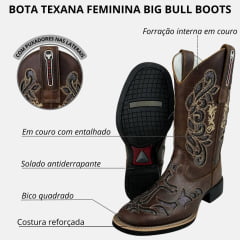 Bota Texana Feminina Big Bull Boots Couro Fóssil Tabaco Bico Quadrado Bordado Bege Fundo Prata Ref:900-L497