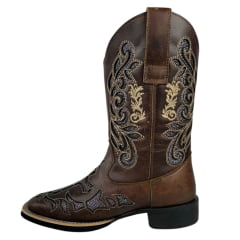 Bota Texana Feminina Big Bull Boots Couro Fóssil Tabaco Bico Quadrado Bordado Bege Fundo Prata Ref:900-L497