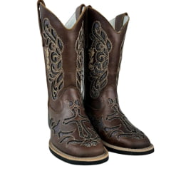 Bota Texana Feminina Big Bull Boots Couro Fóssil Tabaco Bico Quadrado Bordado Bege Fundo Prata Ref:900-L497