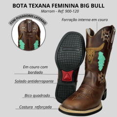 Bota Texana Feminina Big Bull Boots Couro Fóssil Tabaco C/ Bordado Ref:900-120