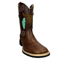 Bota Texana Feminina Big Bull Boots Couro Fóssil Tabaco C/ Bordado Ref:900-120