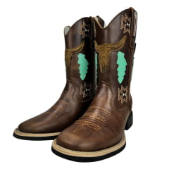 Bota Texana Feminina Big Bull Boots Couro Fóssil Tabaco C/ Bordado Ref:900-120