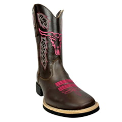 Bota Texana Feminina Big Bull Boots Couro Malboro Café B. Quadrado C/ Bordado Rosa Pink Florão Ref:900-31PINK