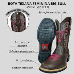 Bota Texana Feminina Big Bull Boots Couro Malboro Café B. Quadrado C/ Bordado Rosa Pink Florão Ref:900-31PINK