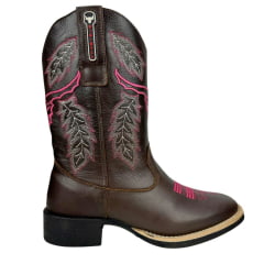 Bota Texana Feminina Big Bull Boots Couro Malboro Café B. Quadrado C/ Bordado Rosa Pink Florão Ref:900-31PINK