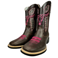 Bota Texana Feminina Big Bull Boots Couro Malboro Café B. Quadrado C/ Bordado Rosa Pink Florão Ref:900-31PINK