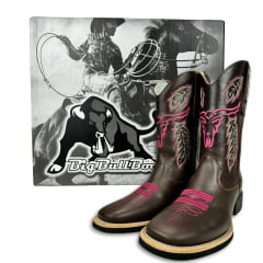 Bota Texana Feminina Big Bull Boots Couro Malboro Café B. Quadrado C/ Bordado Rosa Pink Florão Ref:900-31PINK