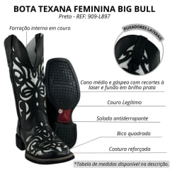 Bota Texana Feminina Big Bull Boots Couro Fóssil/Preto C/ Bordado E Laser C/ Fundo Prata REF: 909-L897