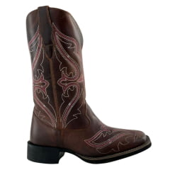 Bota Texana Feminina Big Bull Boots Couro Fóssil/Cela C/ Bordado Rosa E Branco REF: 909.324C