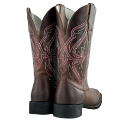 Bota Texana Feminina Big Bull Boots Couro Fóssil/Cela C/ Bordado Rosa E Branco REF: 909.324C