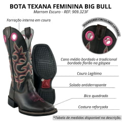 Bota Texana Feminina Big Bull Boots Couro Marrom/Preto Cano Bordado E Florão Rosa E Branco REF: 909.323F