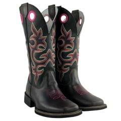 Bota Texana Feminina Big Bull Boots Couro Marrom/Preto Cano Bordado E Florão Rosa E Branco REF: 909.323F