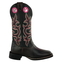 Bota Texana Feminina Big Bull Boots Couro Marrom/Preto Cano Bordado E Florão Rosa E Branco REF: 909.323F