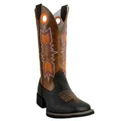 Bota Texana Feminina Big Bull Boots Couro Rústico/Mostarda Cano Bordado E Florão Em Laranja E Branco