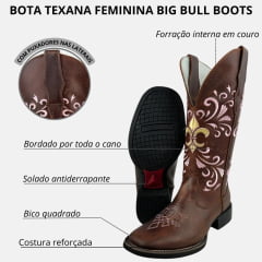 Bota Texana Feminina Big Bull Marrom Bordado Rosa Ref:900-330