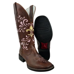 Bota Texana Feminina Big Bull Marrom Bordado Rosa Ref:900-330