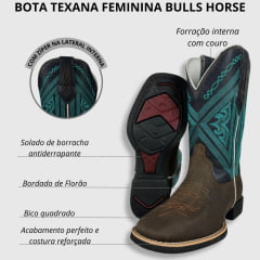 Bota Texana Feminina Bulls Horse Bico Quadrado Couro Crazy Horse/Dallas Café Marinho- Sola VTS- 013F22 Ref. 50006