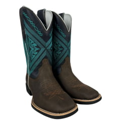 Bota Texana Feminina Bulls Horse Bico Quadrado Couro Crazy Horse/Dallas Café Marinho- Sola VTS- 013F22 Ref. 50006