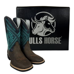 Bota Texana Feminina Bulls Horse Bico Quadrado Couro Crazy Horse/Dallas Café Marinho- Sola VTS- 013F22 Ref. 50006