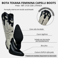 Bota Texana Feminina Capelli Boots Bico Fino Couro Preto/Off White Cano Alto Com Zíper Solado Top Ruber RF: 3135 Cd:27416CA