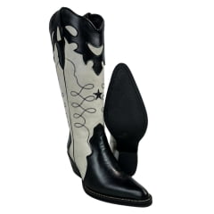 Bota Texana Feminina Capelli Boots Bico Fino Couro Preto/Off White Cano Alto Com Zíper Solado Top Ruber RF: 3135 Cd:27416CA