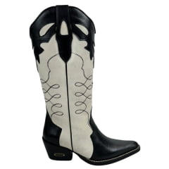 Bota Texana Feminina Capelli Boots Bico Fino Couro Preto/Off White Cano Alto Com Zíper Solado Top Ruber RF: 3135 Cd:27416CA