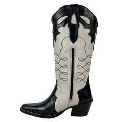 Bota Texana Feminina Capelli Boots Bico Fino Couro Preto/Off White Cano Alto Com Zíper Solado Top Ruber RF: 3135 Cd:27416CA