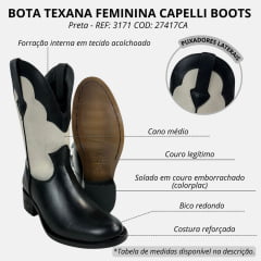 Bota Texana Feminina Capelli Boots Bico Redondo Couro Preto/Off White Cano Médio Solado Colorplac REF: 3171 COD: 27417CA