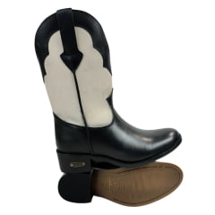 Bota Texana Feminina Capelli Boots Bico Redondo Couro Preto/Off White Cano Médio Solado Colorplac REF: 3171 COD: 27417CA