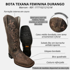 Bota Texana Feminina Durango Bico Quadrado Couro Marrom Med Dog Com Bordado Marrom REF: 1777102121G1M