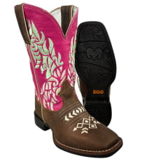 Bota Texana Feminina Durango Bico Quadrado Couro Red Dog Pink Com Bordado Cru/Verde  REF: 1730087291G2M