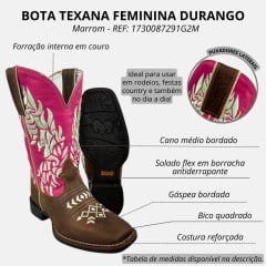 Bota Texana Feminina Durango Bico Quadrado Couro Red Dog Pink Com Bordado Cru/Verde  REF: 1730087291G2M