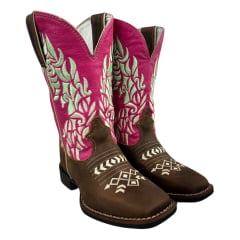 Bota Texana Feminina Durango Bico Quadrado Couro Red Dog Pink Com Bordado Cru/Verde  REF: 1730087291G2M