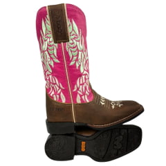 Bota Texana Feminina Durango Bico Quadrado Couro Red Dog Pink Com Bordado Cru/Verde  REF: 1730087291G2M