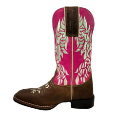 Bota Texana Feminina Durango Bico Quadrado Couro Red Dog Pink Com Bordado Cru/Verde  REF: 1730087291G2M