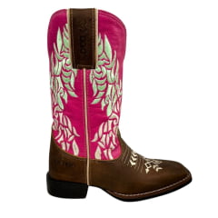 Bota Texana Feminina Durango Bico Quadrado Couro Red Dog Pink Com Bordado Cru/Verde  REF: 1730087291G2M