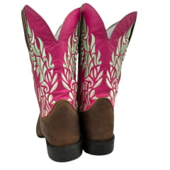 Bota Texana Feminina Durango Bico Quadrado Couro Red Dog Pink Com Bordado Cru/Verde  REF: 1730087291G2M