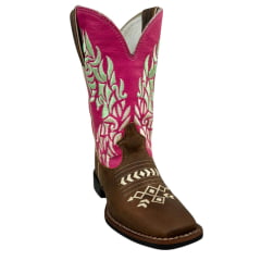 Bota Texana Feminina Durango Bico Quadrado Couro Red Dog Pink Com Bordado Cru/Verde  REF: 1730087291G2M