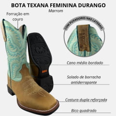 Bota Texana Feminina Durango Bico Quadrado Caramelo Cano Verde Claro Com Bordado
