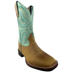 Bota Texana Feminina Durango Bico Quadrado Caramelo Cano Verde Claro Com Bordado