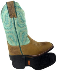 Bota Texana Feminina Durango Bico Quadrado Caramelo Cano Verde Claro Com Bordado