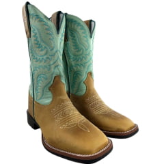 Bota Texana Feminina Durango Bico Quadrado Caramelo Cano Verde Claro Com Bordado