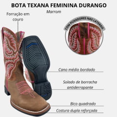 Bota Texana Feminina Durango Bico Quadrado Marrom Com Bordado Rosa