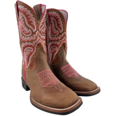 Bota Texana Feminina Durango Bico Quadrado Marrom Com Bordado Rosa
